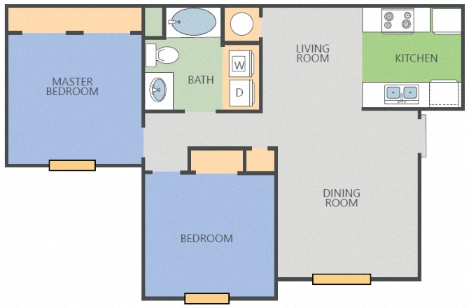Floor plan for 2 beds, 1 bath, 872 sqft